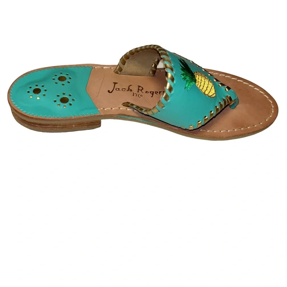 Jack Rogers turquoise /Gold Stitching thong sandals Embroidered pineapple 10 - Picture 2 of 6